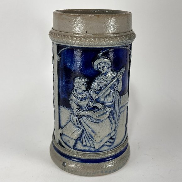 Vtg German Stein Beer Mug Cobalt Blue Grey Salt Glazed 16 oz Embossed Rustic 90s - Picture 1 of 13